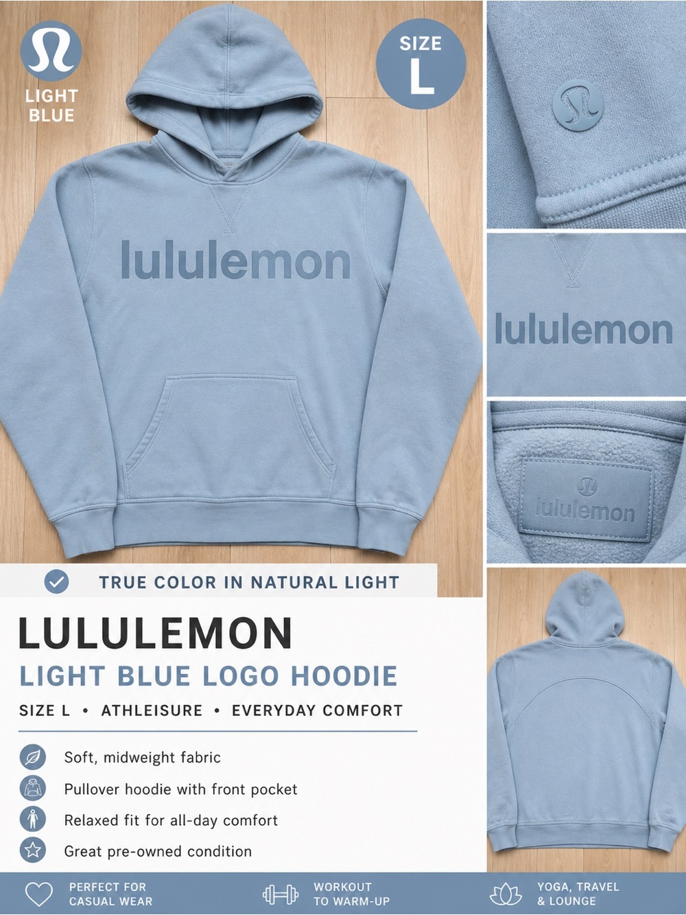 Lululemon Light Blue Logo Hoodie Pullover Sweatshirt Size L Athleisure